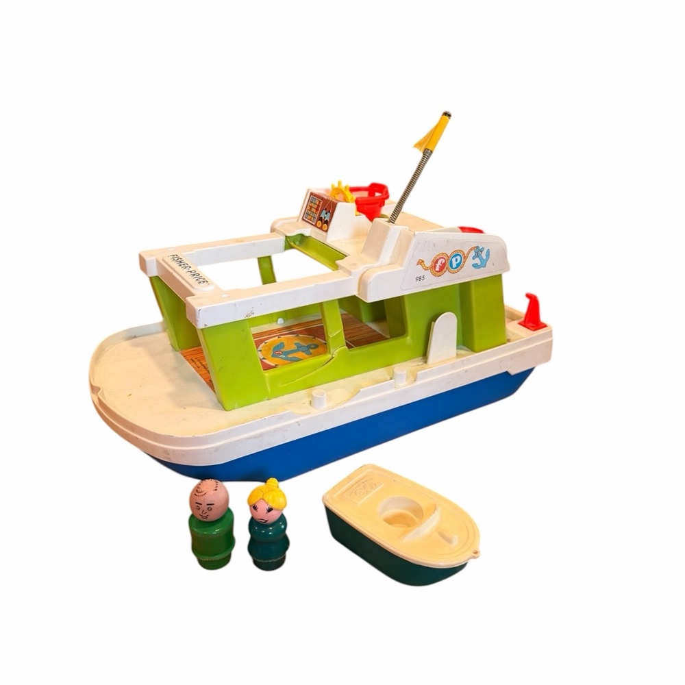 Fisher-Price Green White and Blue Toy Boat Playset with Dinghy and Peg People